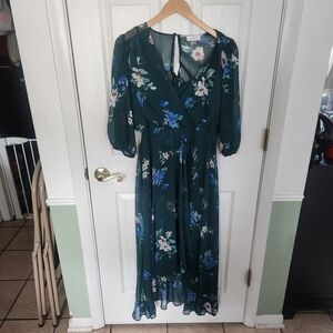 Calvin Klein Green Floral Puff Sleeve Sundress With Slip Size 8